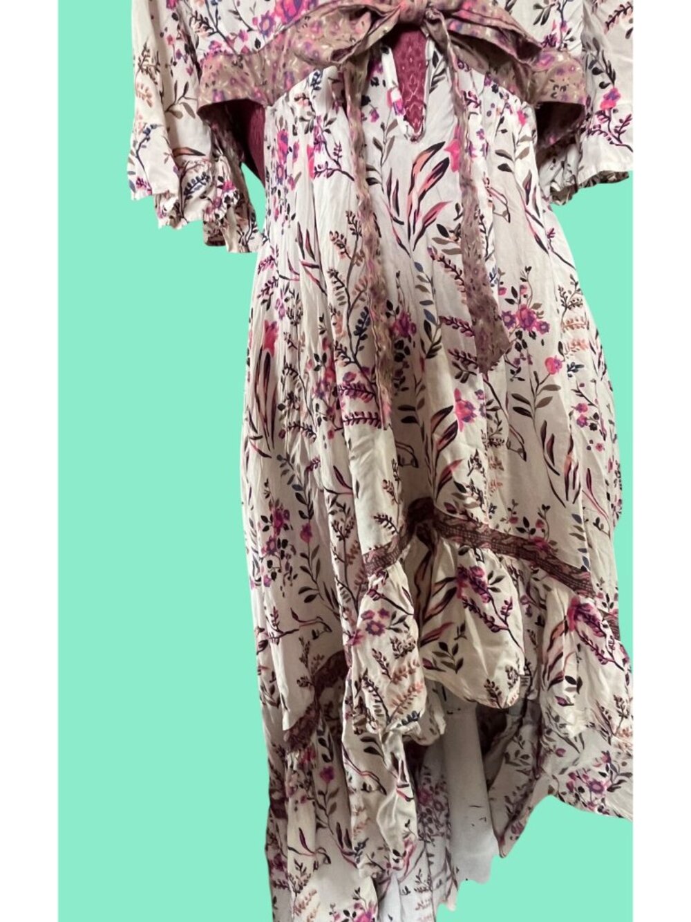 Floral High-Low Wrap Dress With Ruffle Hem Bell Sleeves & Tie Waist Beige & Pink - Picture 10 of 11